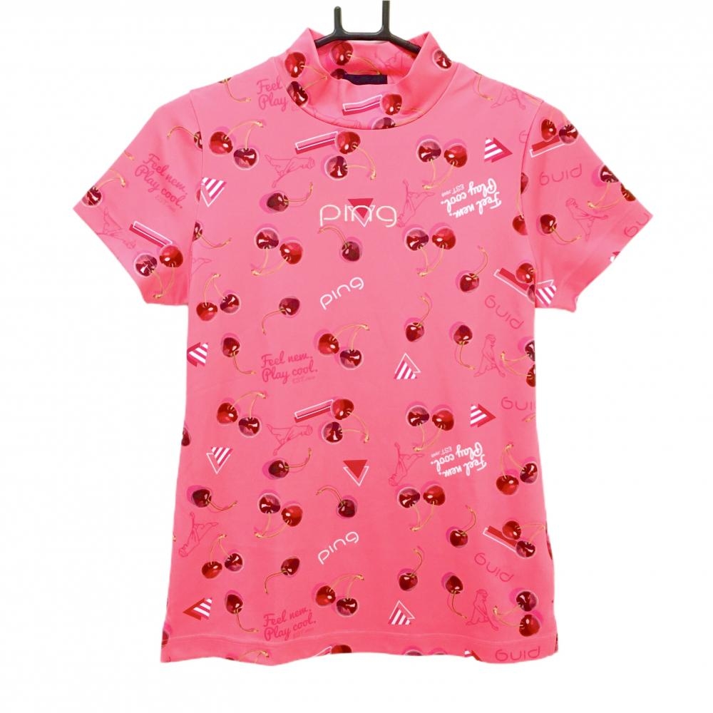 【超美品】ピン 半袖ハイネックシャツ ピンク チェリー総柄 ストレッチ フロントロゴ刺しゅう レディース M ゴルフウェア PING