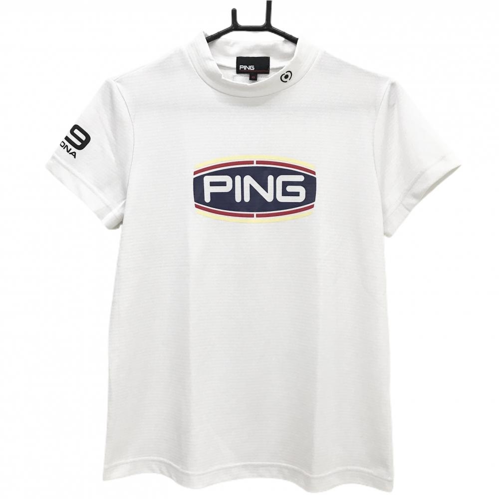 【美品】ピン 半袖ハイネックシャツ 白 胸プリント レディース M ゴルフウェア PING