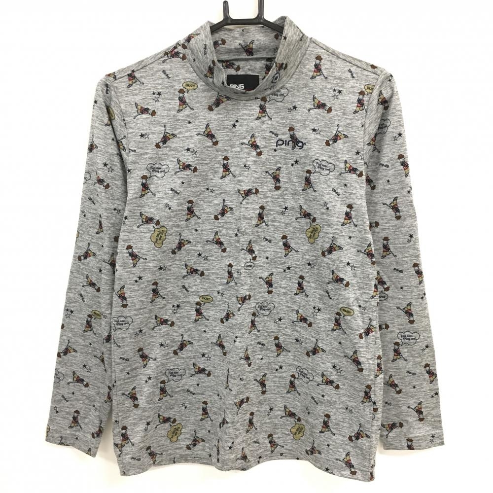 【超美品】ピン 長袖ハイネックシャツ 杢グレー×ブラウン ゴルファー総柄 レディース M ゴルフウェア PING