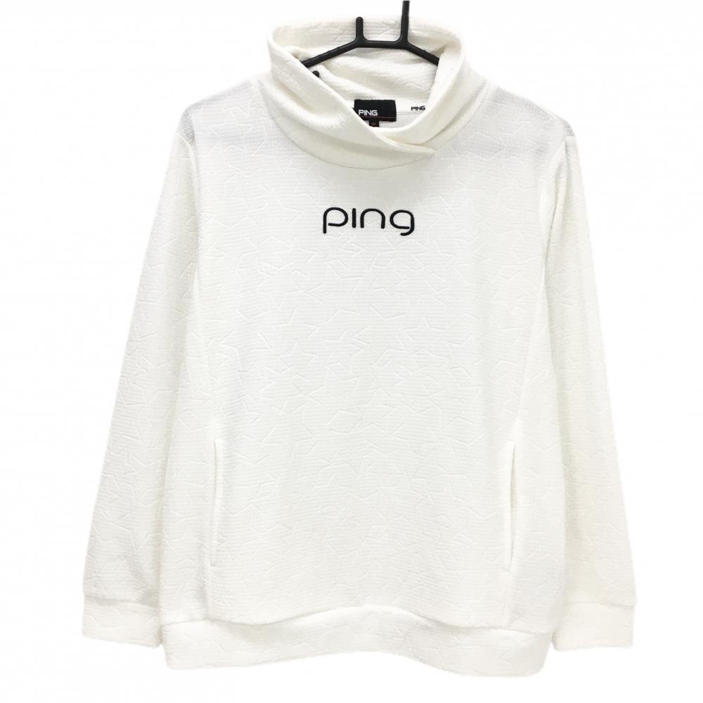 【超美品】ピン 長袖ハイネックシャツ 白 エンボス星柄 ショールカラー  レディース M ゴルフウェア 2024年モデル PING