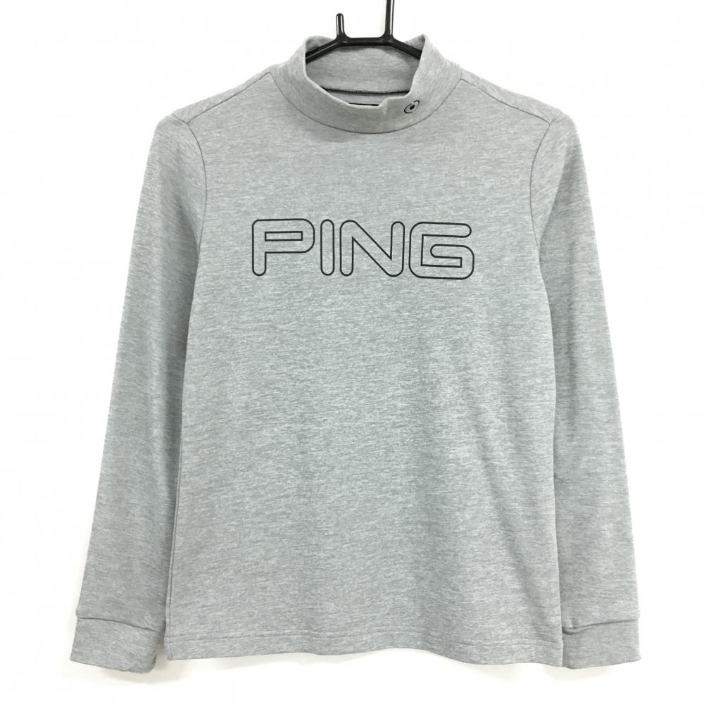【超美品】ピン 長袖ハイネックシャツ グレー フロントロゴ 刺しゅう レディース S ゴルフウェア PING