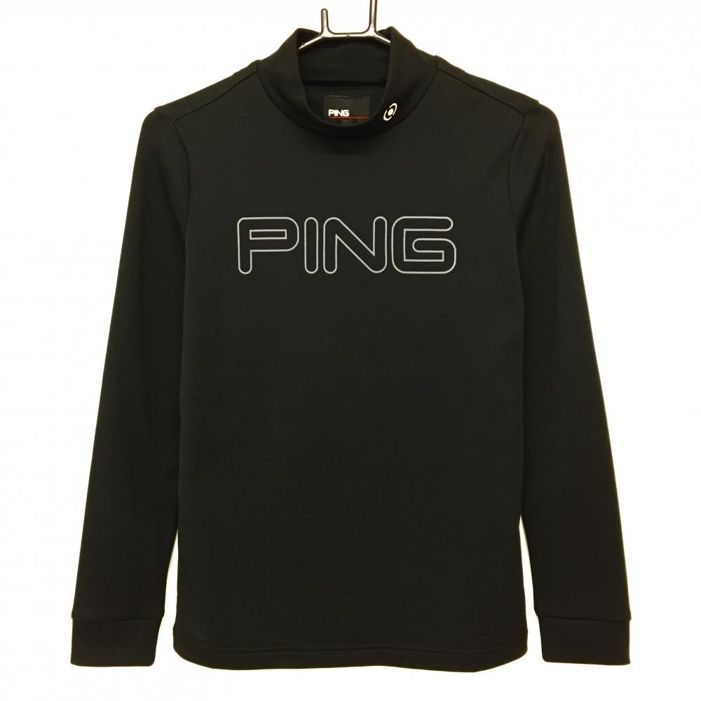 【超美品】ピン 長袖ハイネックシャツ 黒×グレー フロントロゴ 刺しゅう レディース S ゴルフウェア PING