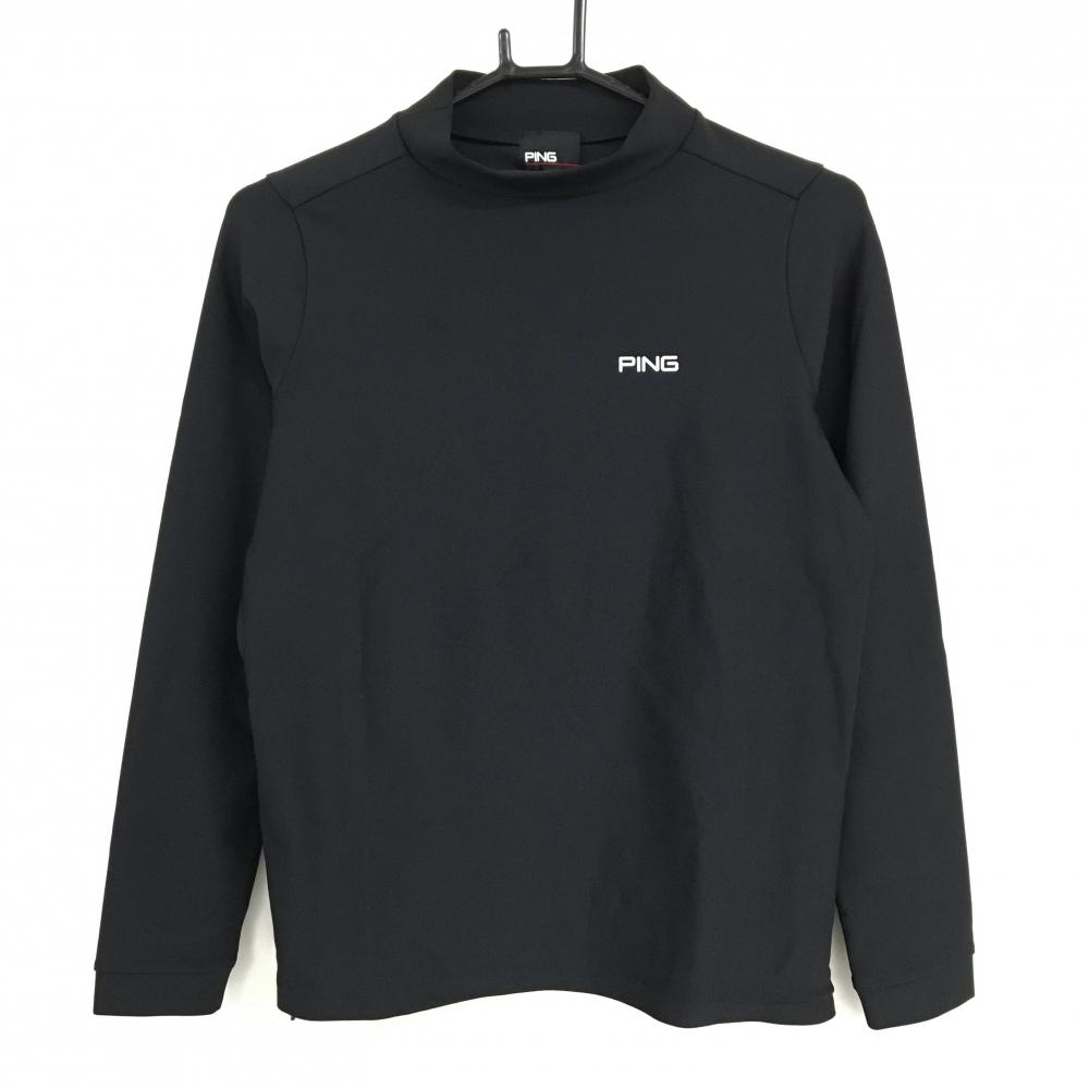 【超美品】ピン 長袖ハイネックシャツ 黒 ロゴプリント 裾サイドジップ インナー レディース S ゴルフウェア PING
