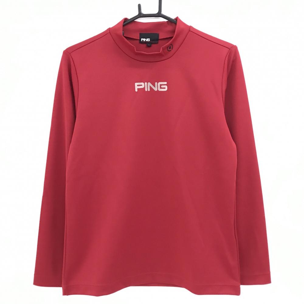 【美品】ピン 長袖ハイネックシャツ レッド ロゴプリント  レディース L ゴルフウェア PING