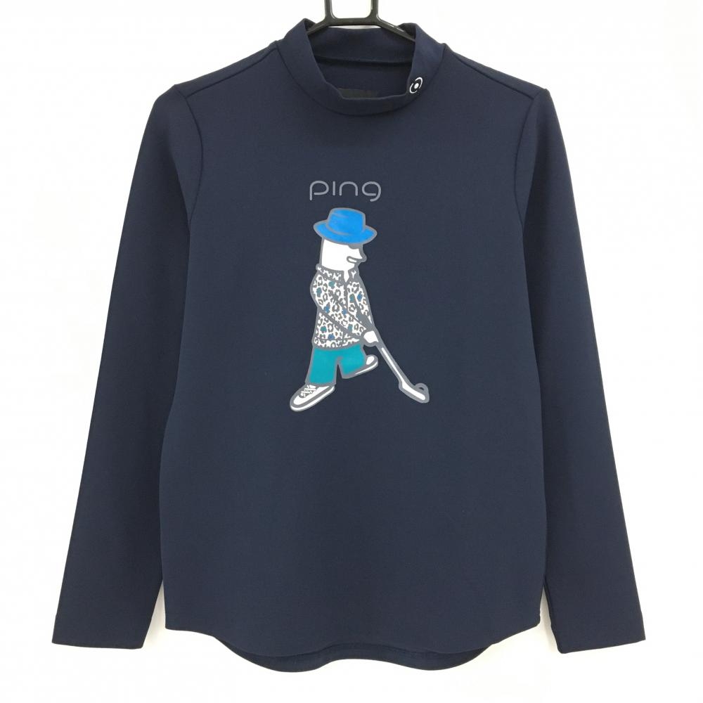 【美品】ピン 長袖ハイネックシャツ ネイビー ロゴプリント レディース M ゴルフウェア PING