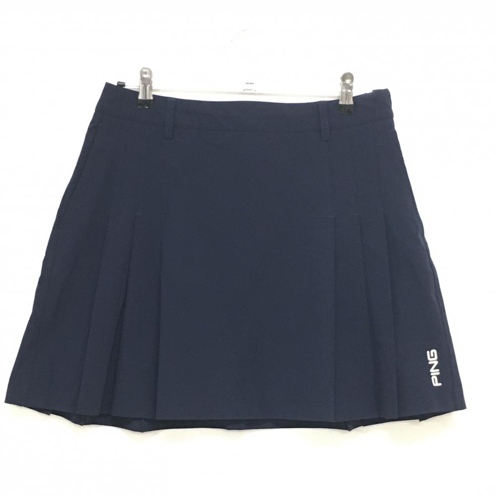 【超美品】ピン スカート ネイビー 格子織生地 一部プリーツ レディース L ゴルフウェア PING