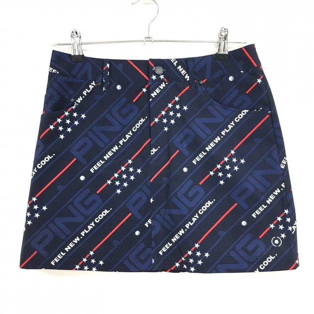 【美品】ピン スカート ネイビー×白 星柄 ロゴ地模様 斜めストライプ調  レディース M ゴルフウェア PING