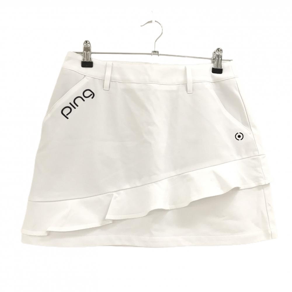 【超美品】ピン スカート 白 ロゴ黒 裾フリル  レディース M ゴルフウェア PING