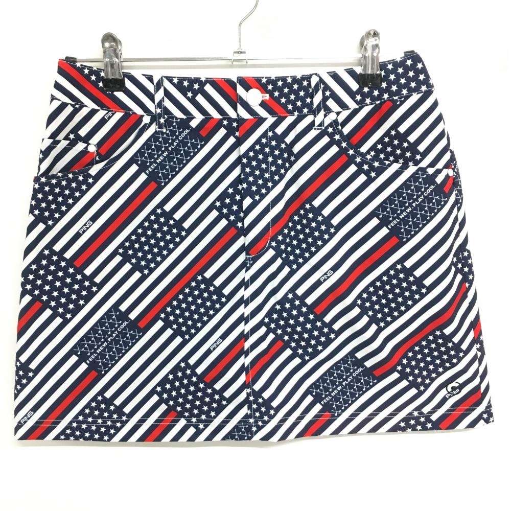 【美品】ピン スカート 白×ネイビー 星条旗総柄 レディース L ゴルフウェア PING