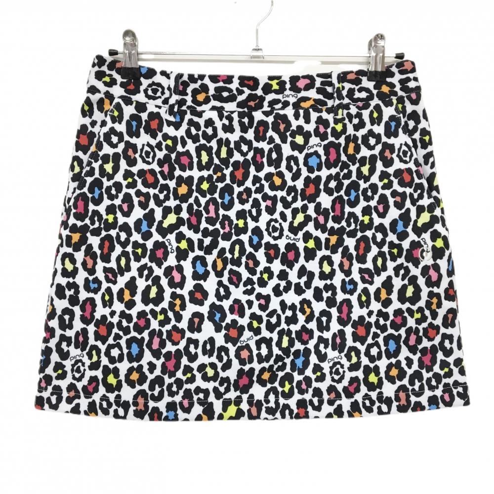 【美品】ピン スカート 白×黒 レオパード柄 ロゴ刺しゅう レディース L ゴルフウェア PING
