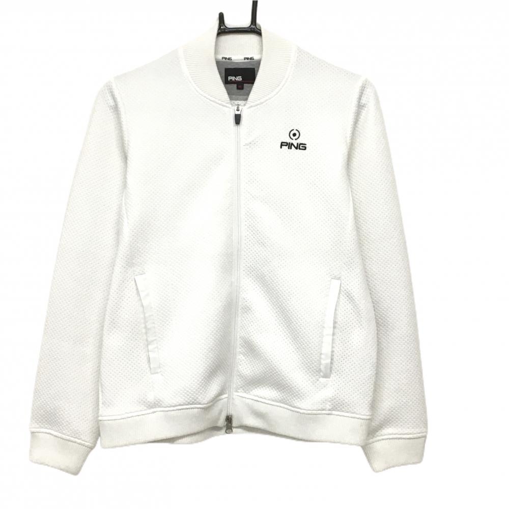 ピン ジャケットブルゾン 白 ドット凹凸生地 ロゴ黒  レディース M ゴルフウェア PING