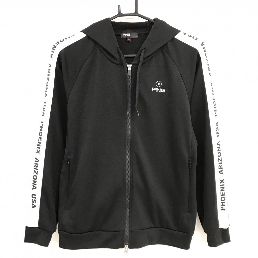 【美品】ピン ジップパーカー 黒×白 肩・袖英字ライン ロゴ刺しゅう レディース M ゴルフウェア PING