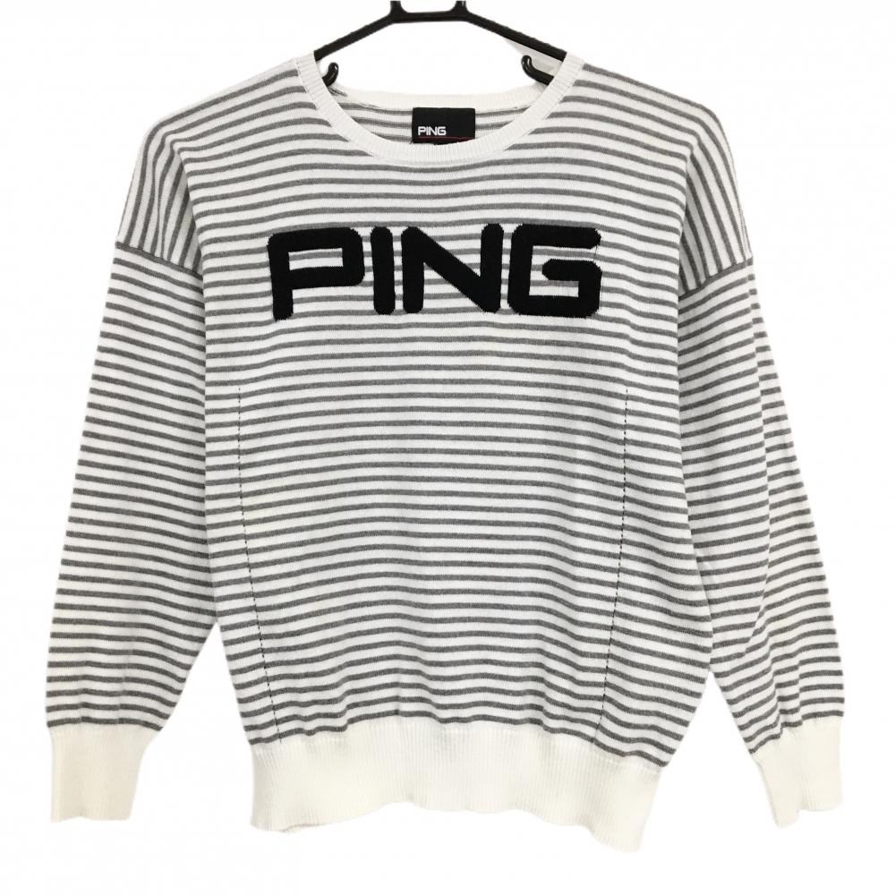 ピン セーター 白×グレー ボーダー ニット 一部透かし編み コットン混 レディース S ゴルフウェア PING