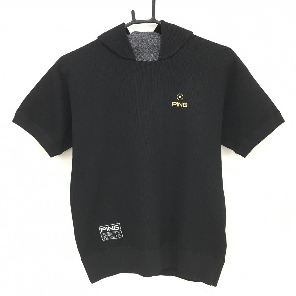 【超美品】ピン 半袖パーカー 黒×ゴールド ハイネック ネックラメ レディース S ゴルフウェア 2023年モデル PING