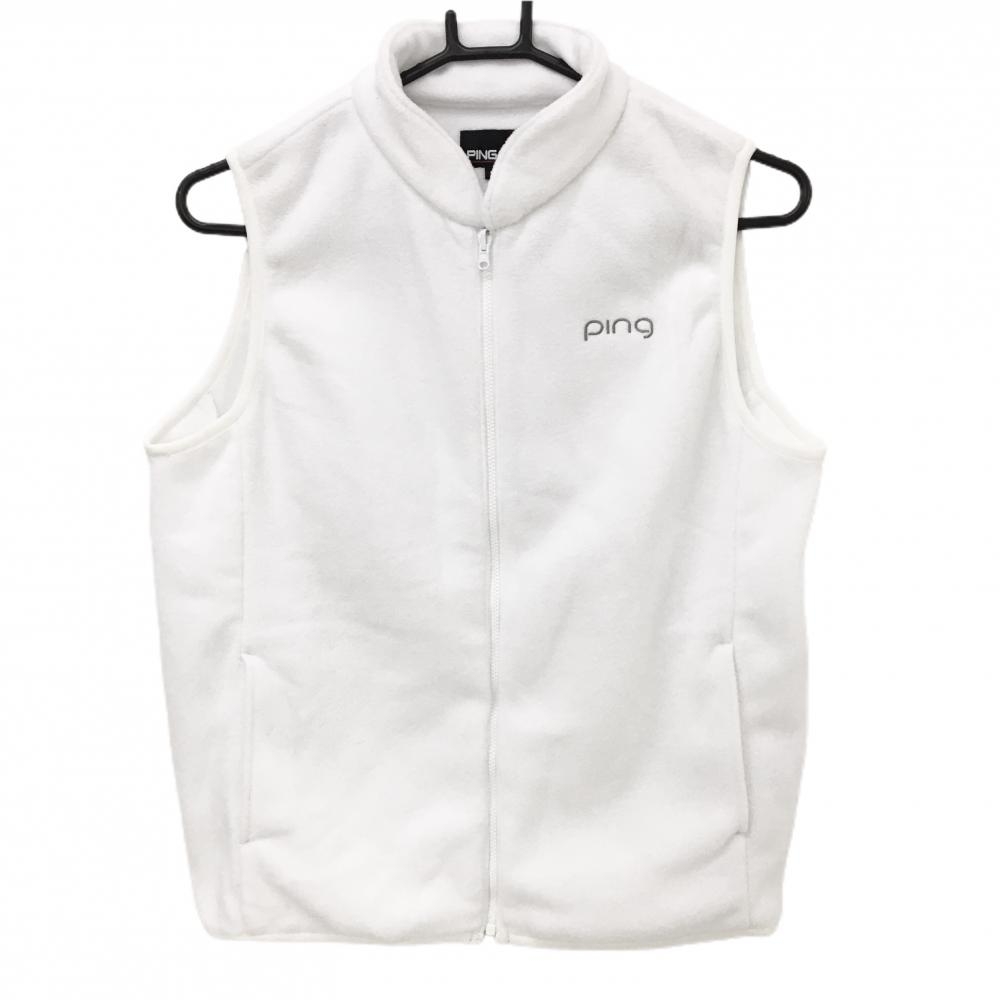 【美品】ピン アウターベスト 白 フリース地 ロゴグレー  レディース M ゴルフウェア PING