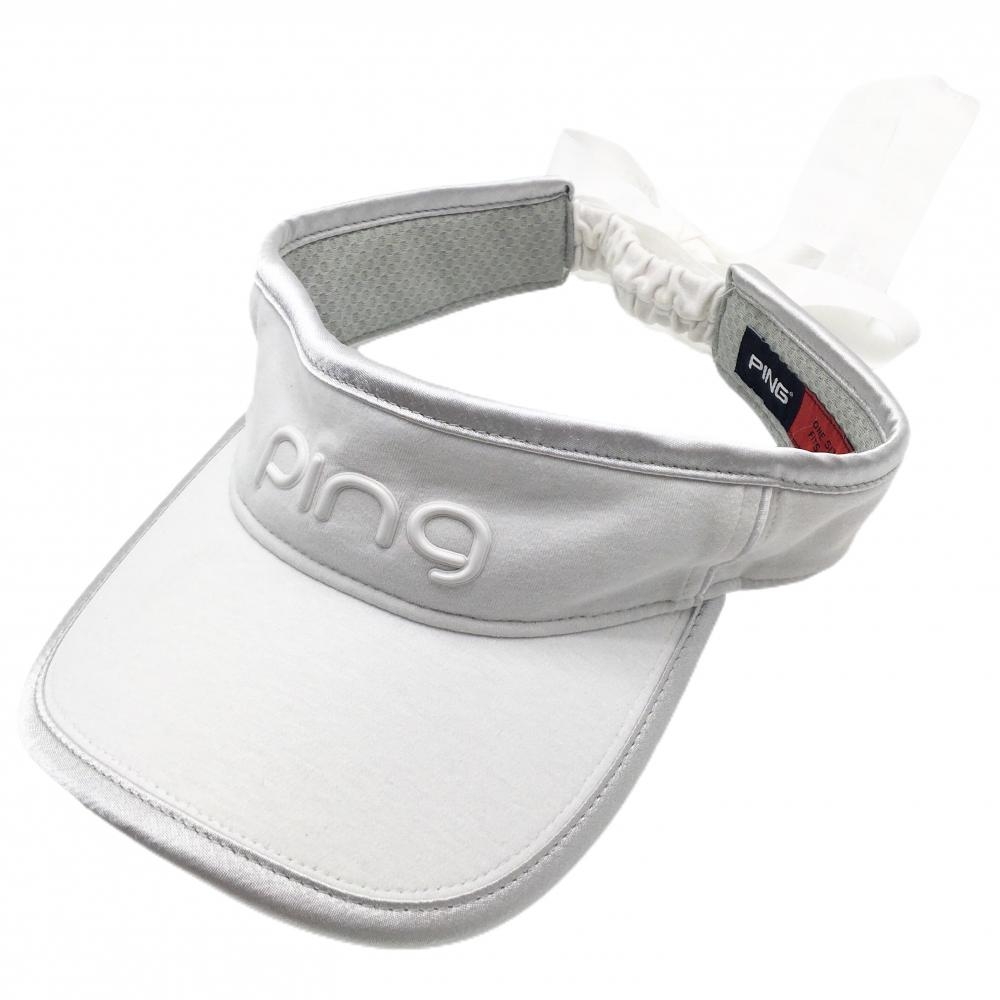 【美品】ピン サンバイザー 白 立体ロゴ リボン取外し可  レディース ONE SIZE FITS ALL ゴルフウェア PING