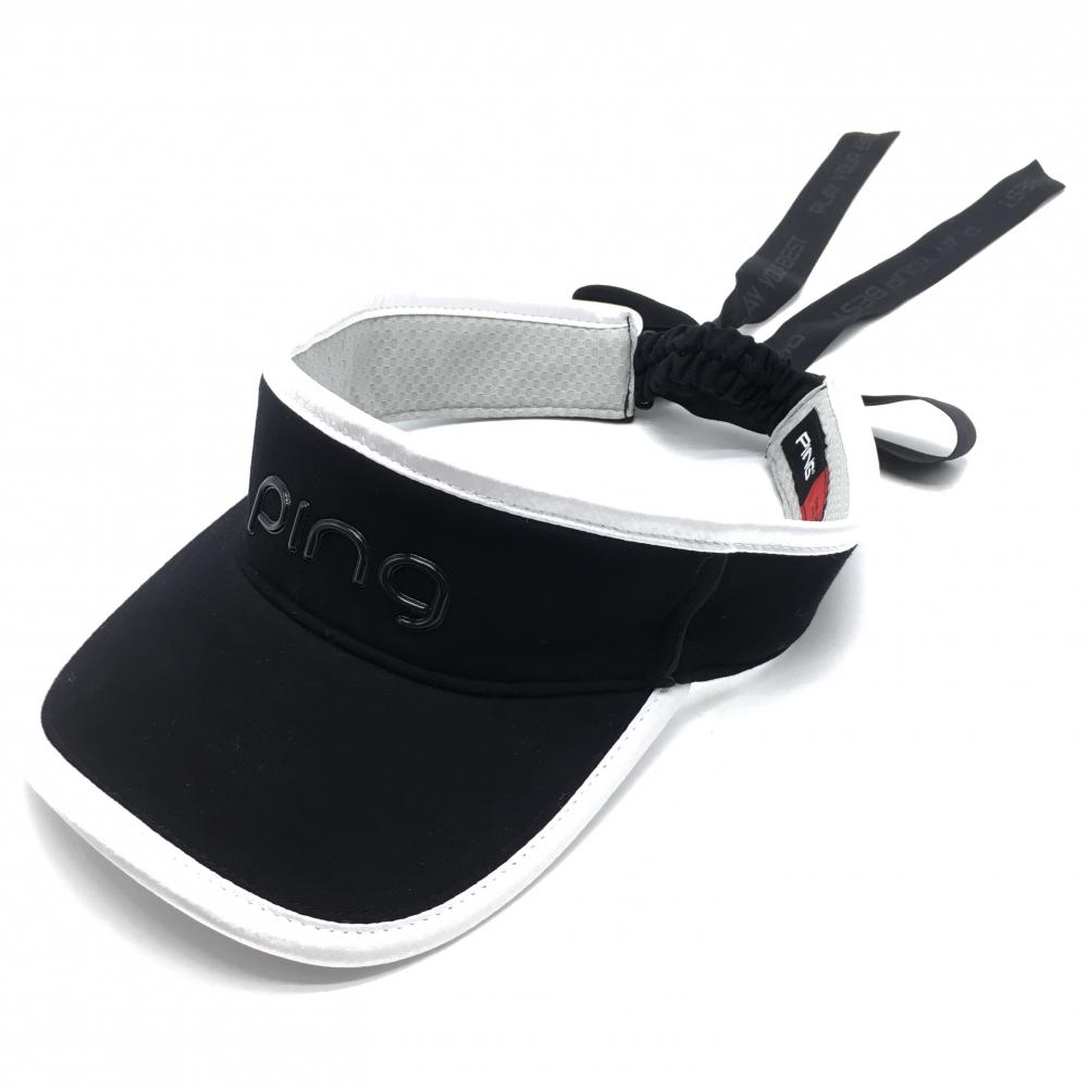 【超美品】ピン サンバイザー 黒×白 リボン  レディース ONE SIZE FITS ALL ゴルフウェア PING