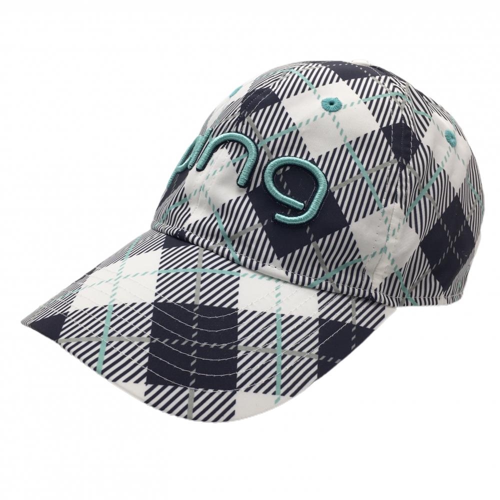 【超美品】ピン キャップ 白×ネイビー×ミントブルー チェック 立体ロゴ ONE SIZU   ゴルフウェア PING