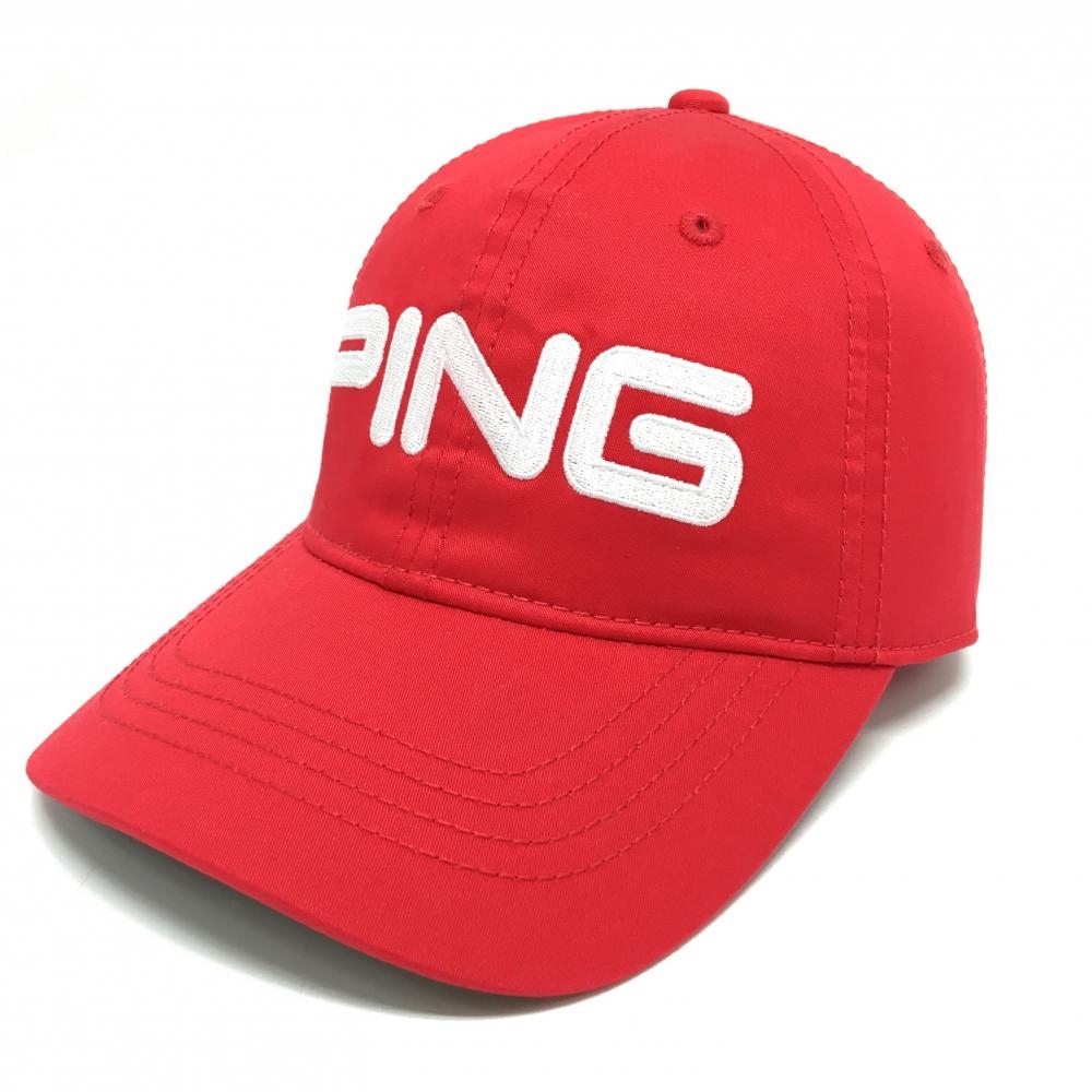 【美品】ピン キャップ レッド×白 ロゴ刺しゅう つば裏色褪せ少   ゴルフウェア PING