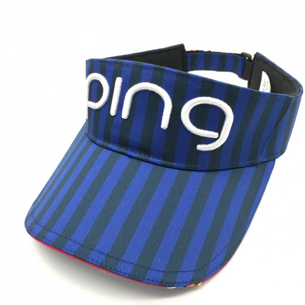 【超美品】ピン サンバイザー ブルー×黒 ストライプ 立体ロゴ刺しゅう 56cm　フリー ゴルフウェア PING