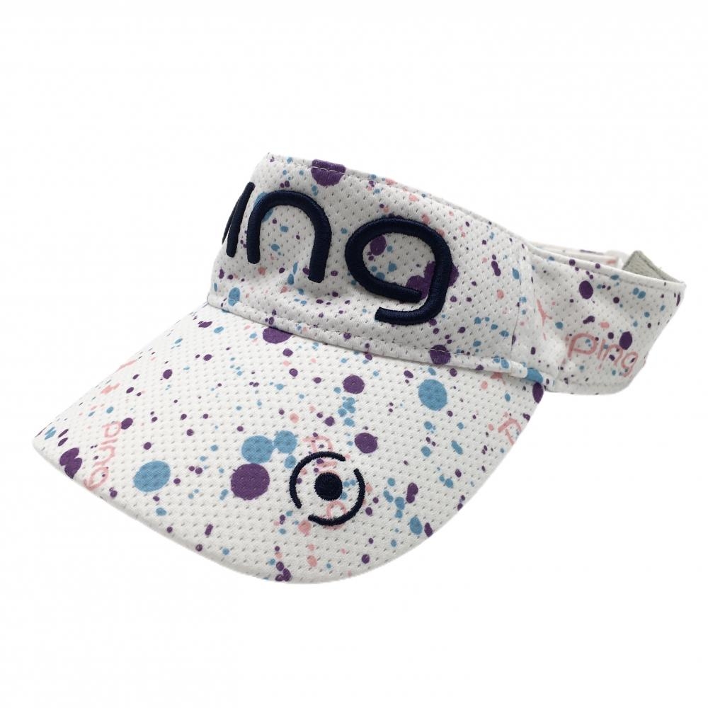 【美品】ピン サンバイザー 白×パープル ドット調 立体ロゴ刺しゅう ONE SIZE FITS ALL  ゴルフウェア PING
