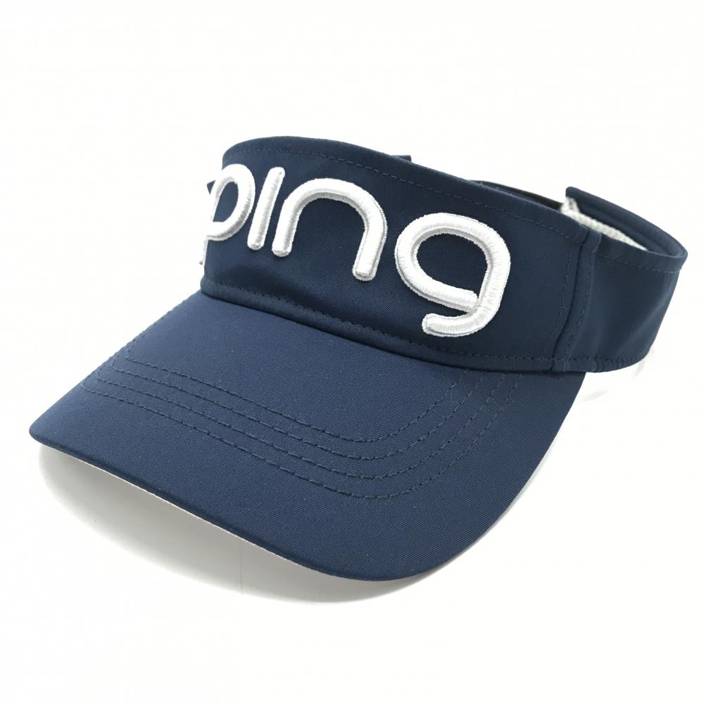 【美品】ピン サンバイザー ネイビー×白 立体ロゴ ONE SIZE FITS ALL   ゴルフウェア PING