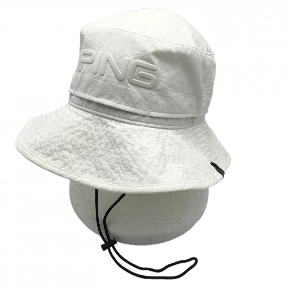 ピン ハット 白 立体ロゴ メッシュネックガード付き あご紐  ONE SIZE FITS ALL  ゴルフウェア 2024年モデル PING
