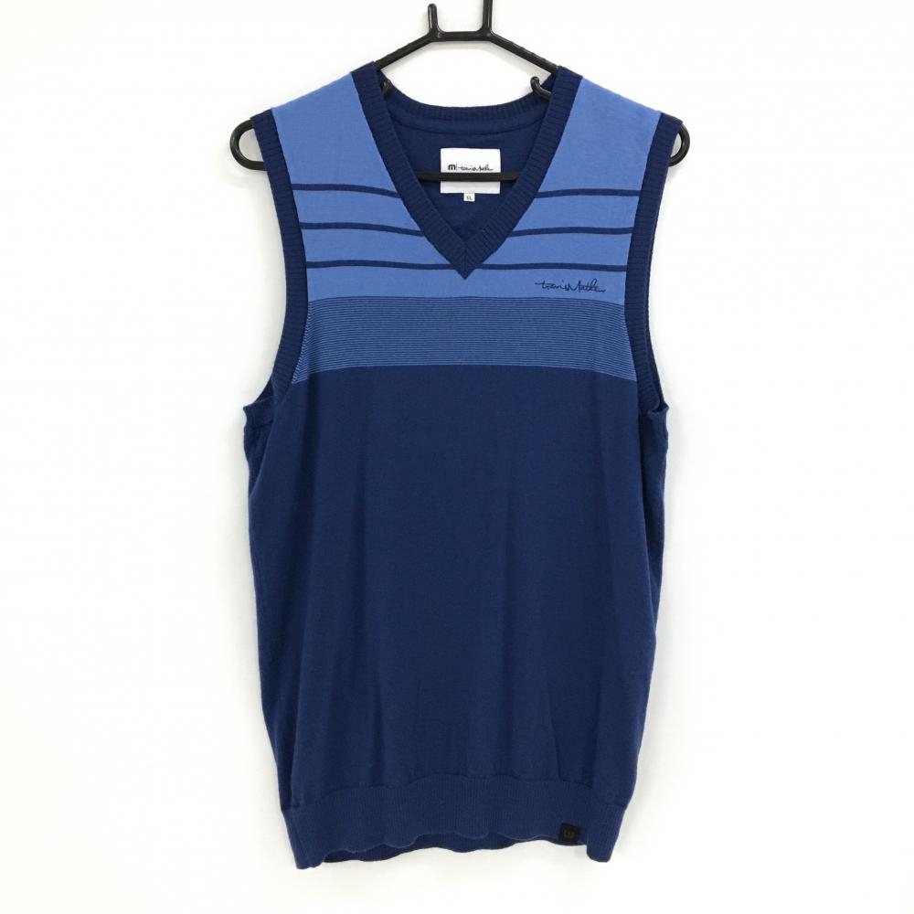 【美品】トラヴィスマシュー ニットベスト ネイビー系×ライトブルー系 一部ボーダー  メンズ XL  ゴルフウェア TravisMathew