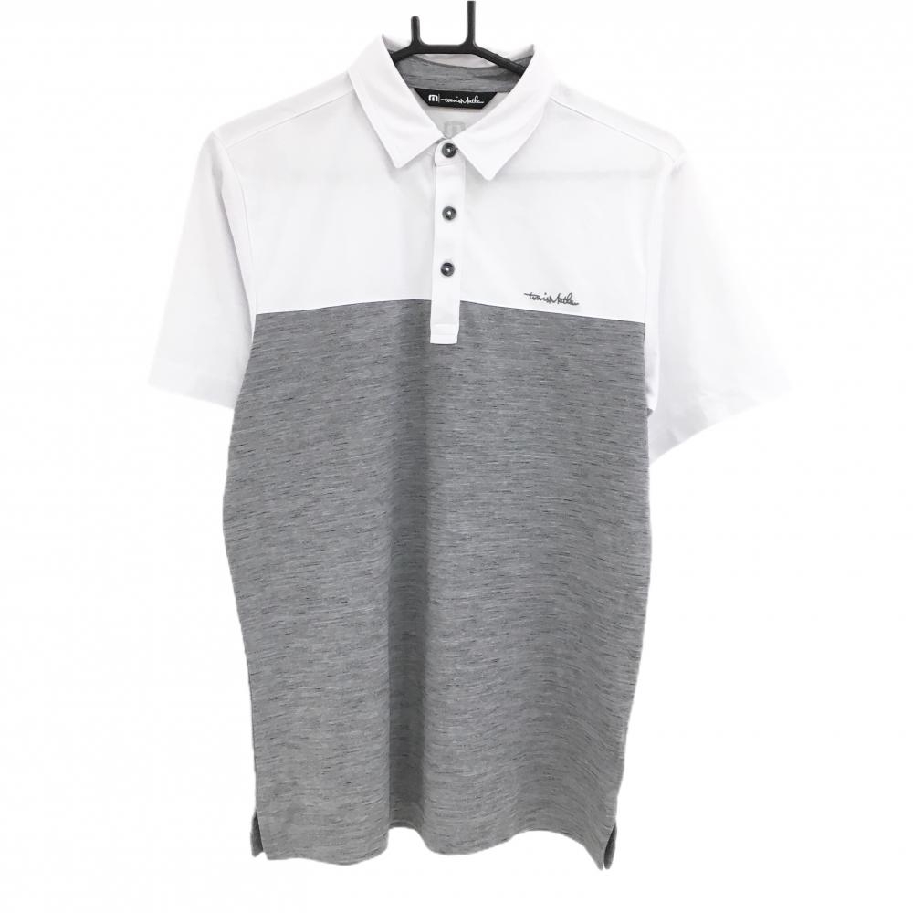 【超美品】トラヴィスマシュー 半袖ポロシャツ 杢グレー×白 バイカラー ロゴ刺しゅう メンズ M ゴルフウェア TravisMathew