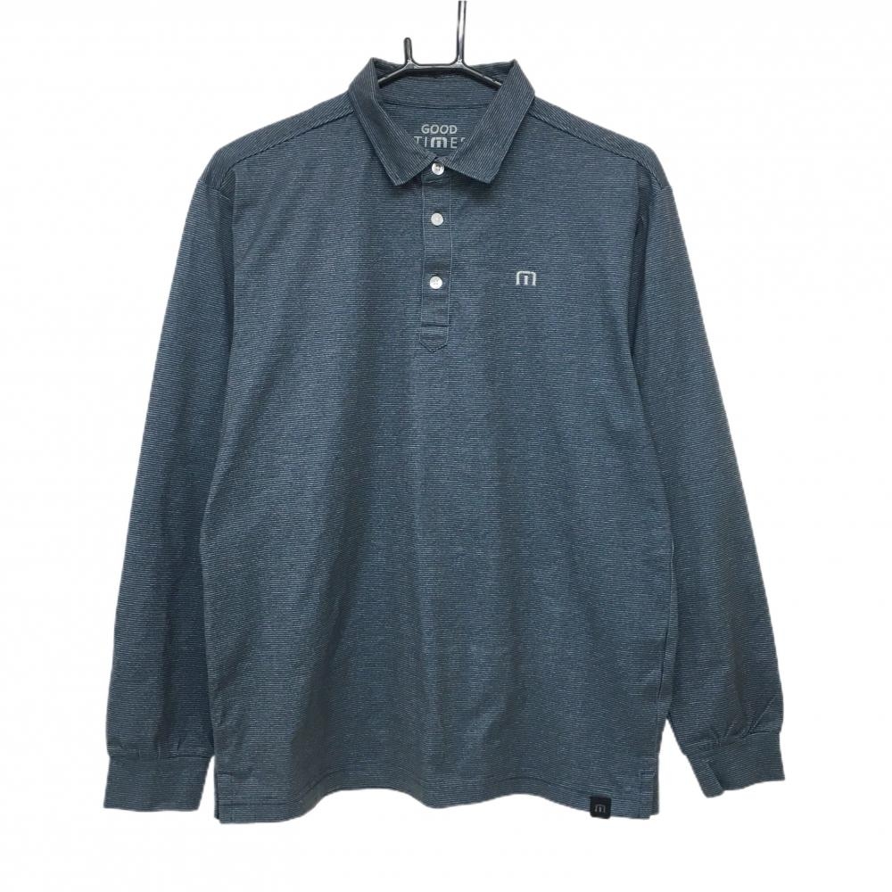 【美品】トラヴィスマシュー 長袖ポロシャツ ダークネイビー 細ボーダー メンズ M ゴルフウェア TravisMathew