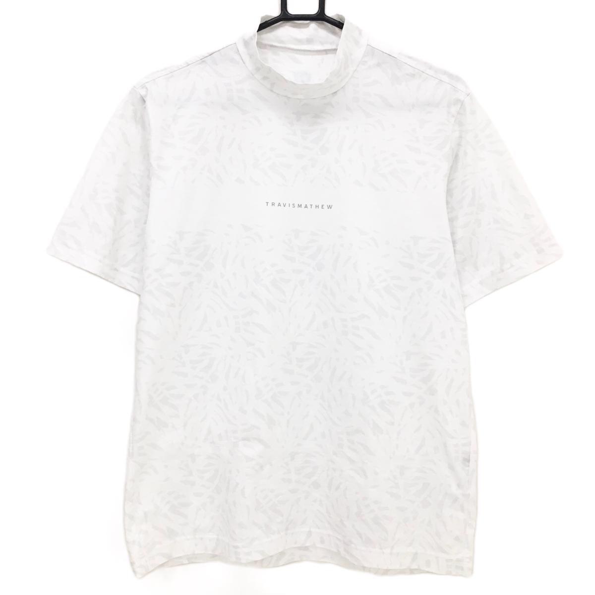 【超美品】トラヴィスマシュー 半袖ハイネックシャツ 白×ライトグレー リーフ調総柄 フロントロゴ メンズ M ゴルフウェア TravisMathew