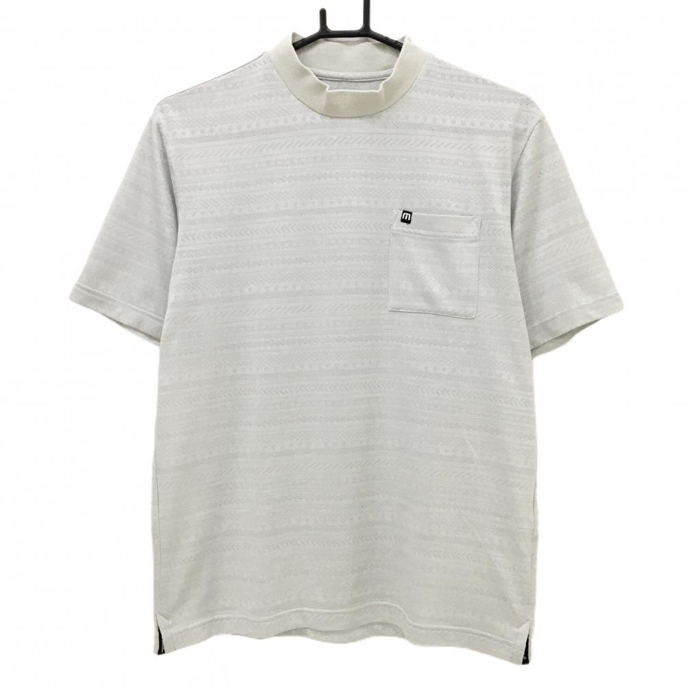 トラヴィスマシュー 半袖ハイネックシャツ グレー×ライトグレー 総柄地模様 胸ポケット メンズ M ゴルフウェア TravisMathew