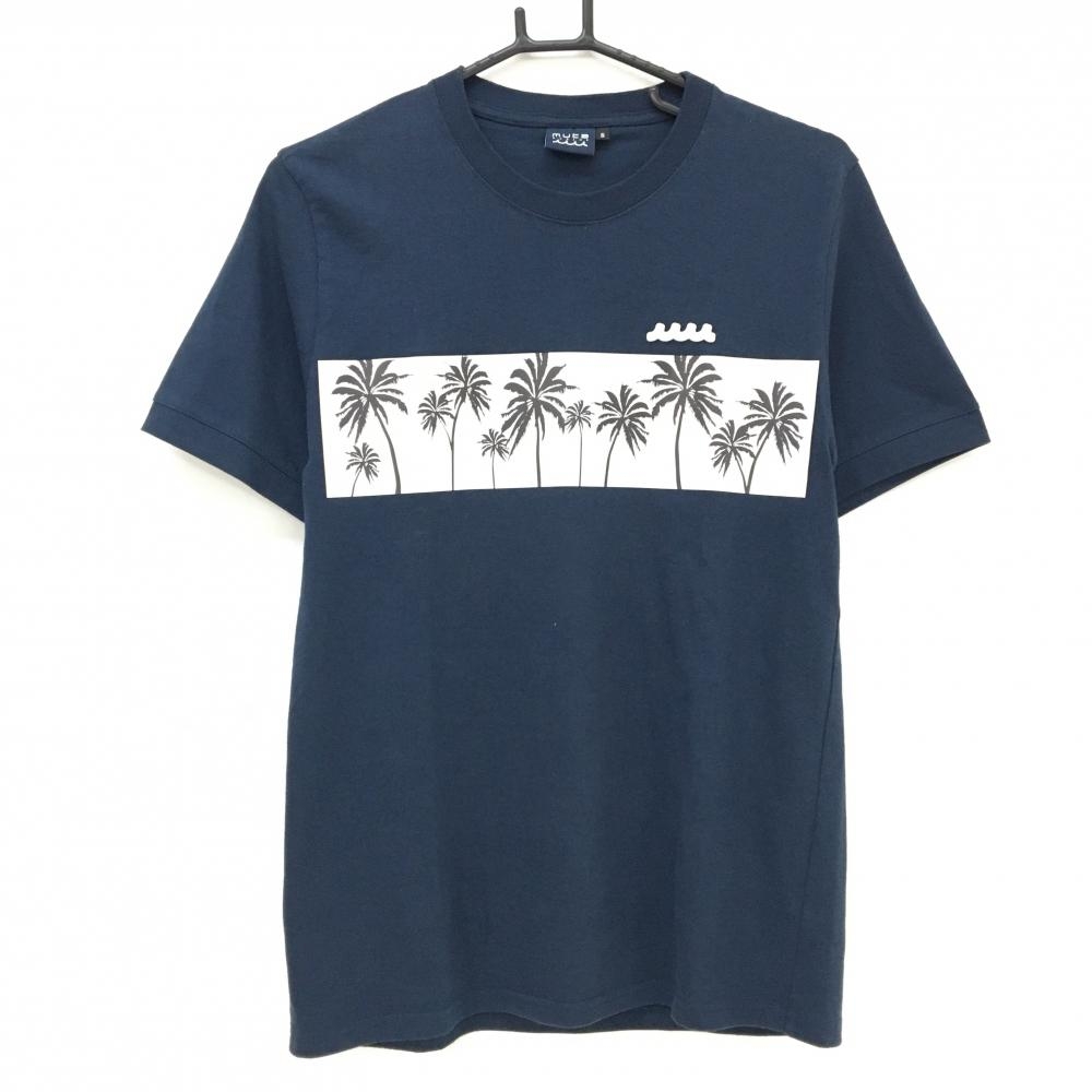 【美品】ムータマリン Tシャツ ネイビー×白 胸元ヤシの木プリント メンズ S ゴルフウェア 2024年モデル muta