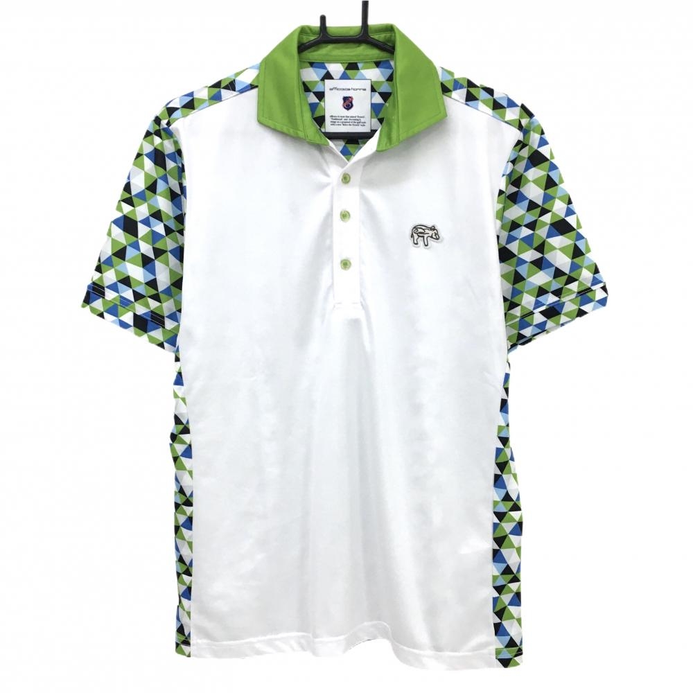 【超美品】エフィカス 半袖ポロシャツ 白×ライトグリーン 袖・背面三角総柄 メンズ L ゴルフウェア efficace