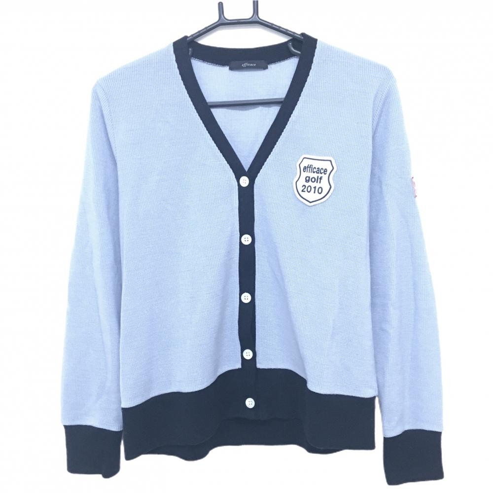 【美品】エフィカス ニットカーディガン ライトブルー×黒 ワッペン レディース L ゴルフウェア efficace