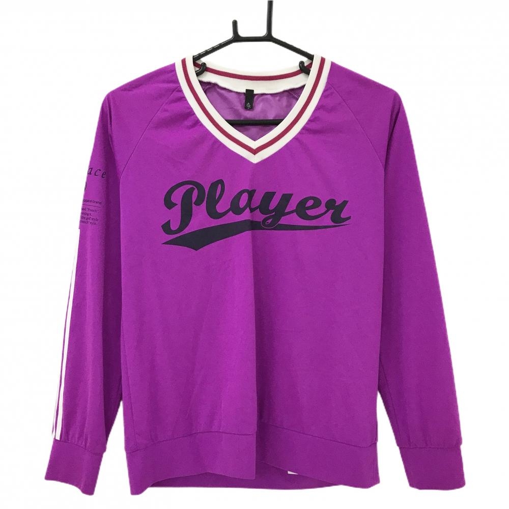 【超美品】エフィカス スニード パープル×白 Vネック 袖ロゴプリント ブルゾン レディース M ゴルフウェア efficace