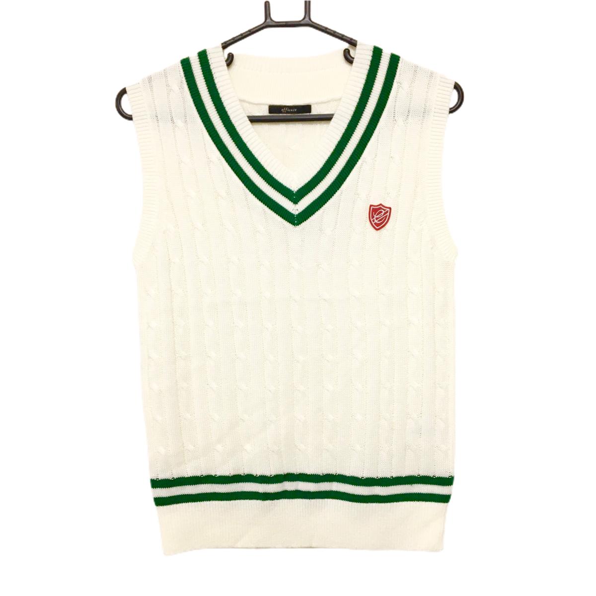 【新品】エフィカス ニットベスト 白×グリーン ケーブル編み Vネック レディース M ゴルフウェア efficace