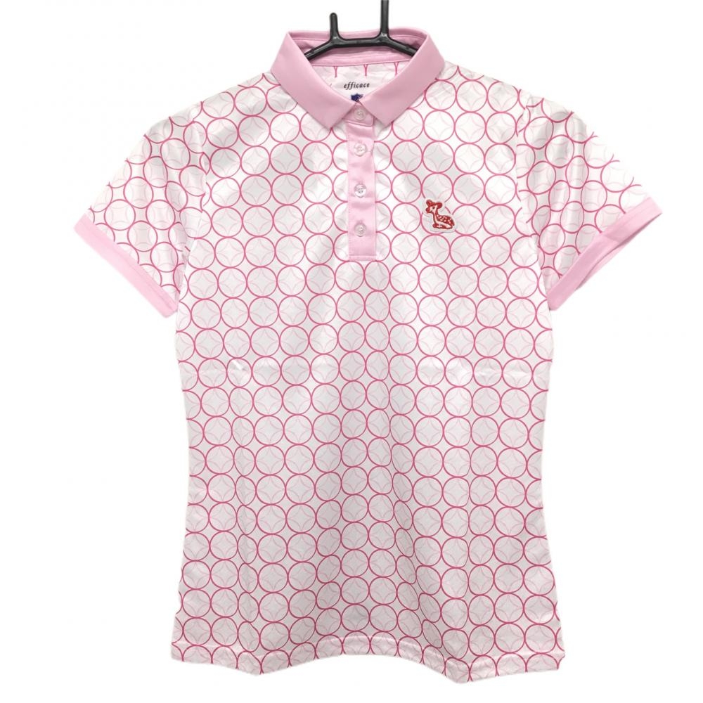 【新品】エフィカス 半袖ポロシャツ 白×ピンク 総柄 リングジオメトリック レディース S ゴルフウェア efficace