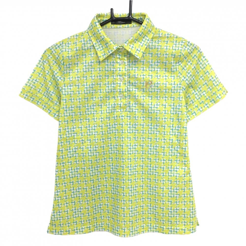 【超美品】エフィカス 半袖ポロシャツ 白×ライトグリーン 千鳥格子 ラメ糸刺しゅう レディース M ゴルフウェア efficace