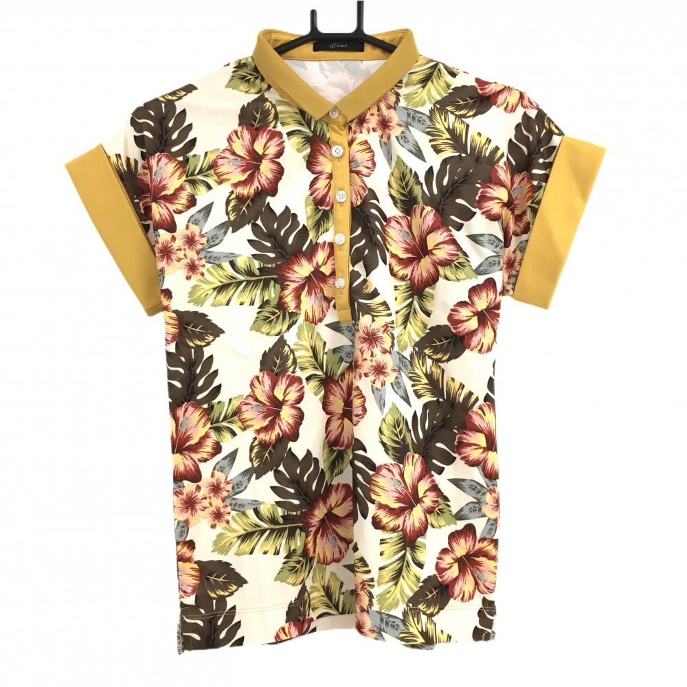 【美品】エフィカス 半袖ポロシャツ アイボリー×オレンジイエロー 花柄 レディース M ゴルフウェア efficace