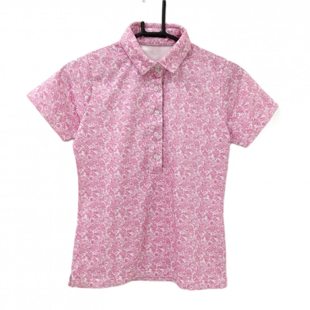 【美品】エフィカス 半袖ポロシャツ 白×ピンク 花・リーフ柄 ストレッチ レディース  ゴルフウェア efficace