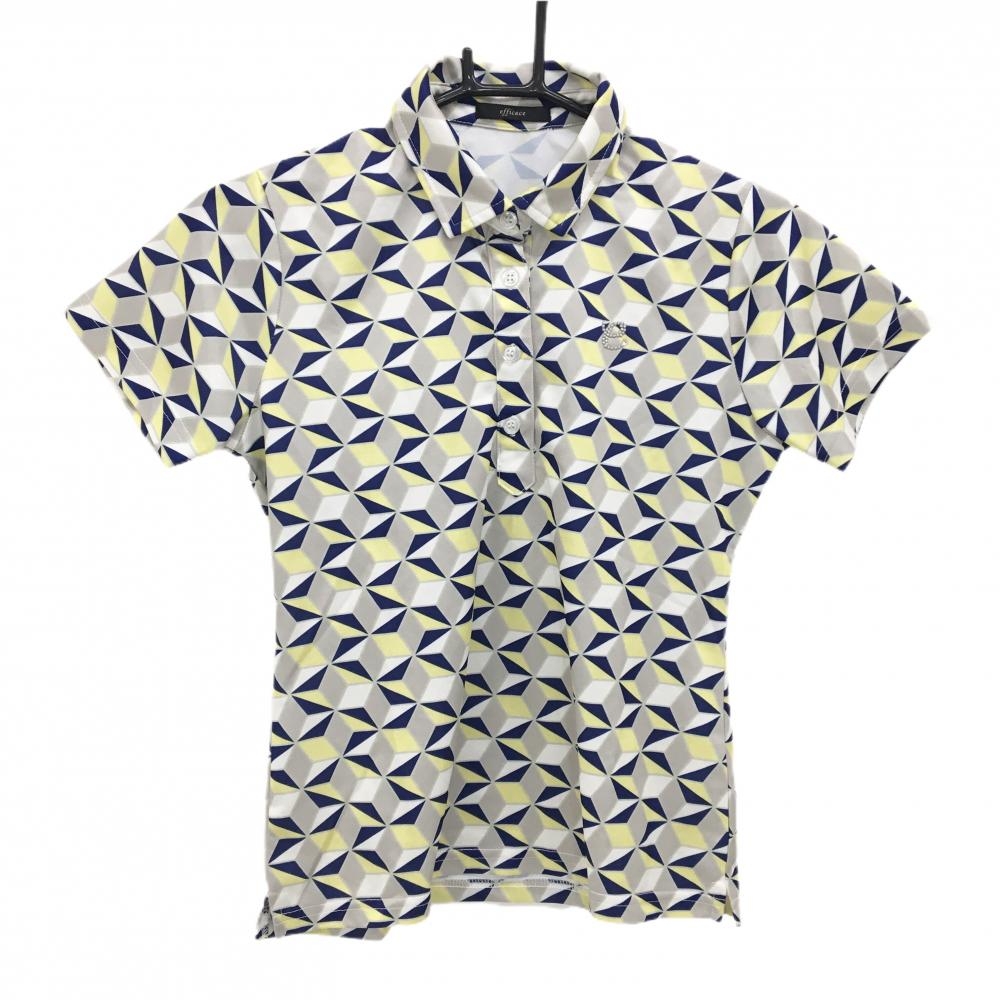 エフィカス 半袖ポロシャツ グレー×ネイビー×イエロー 総柄 レディース S ゴルフウェア efficace