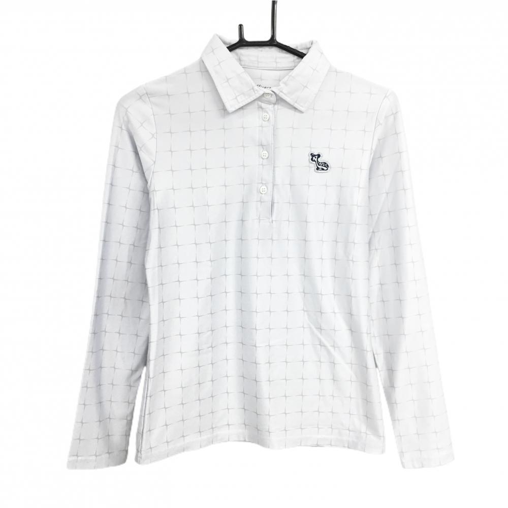 【美品】エフィカス 長袖ポロシャツ ライトグレー系×グレー 格子調 裏微起毛 胸元ワッペン レディース M ゴルフウェア efficace