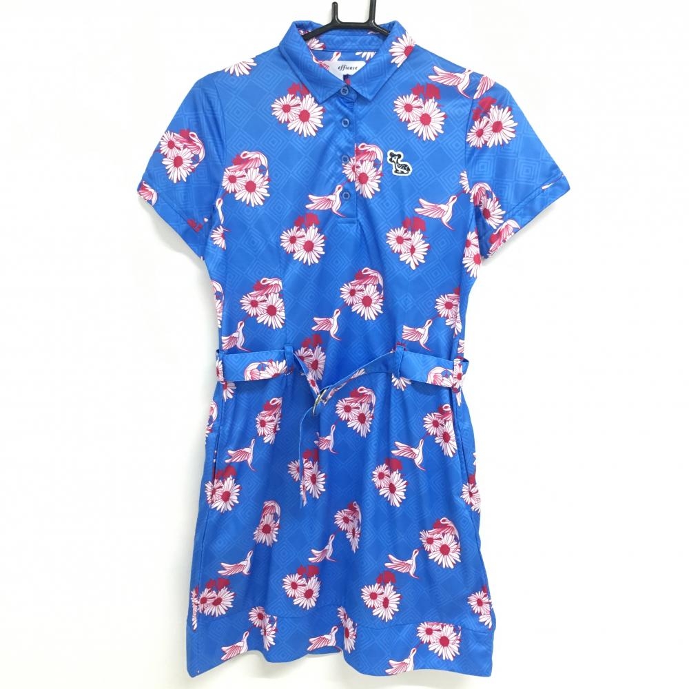 【超美品】エフィカス 半袖ポロワンピース ライトブルー×ボルドー系 総柄 花 鳥 地模様 レディース 3(L) ゴルフウェア efficace