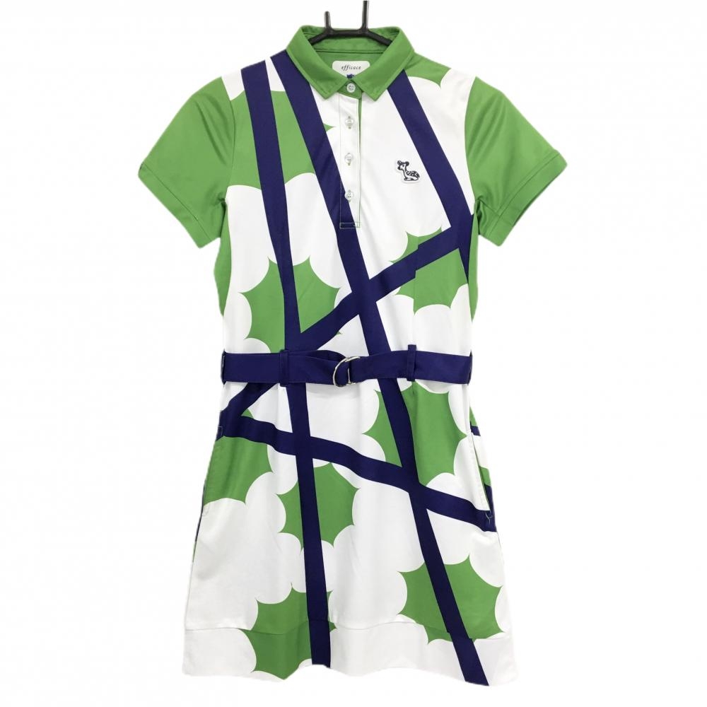 【超美品】エフィカス 半袖ポロワンピース ライトグリーン×白×パープル 総柄 レディース S ゴルフウェア efficace