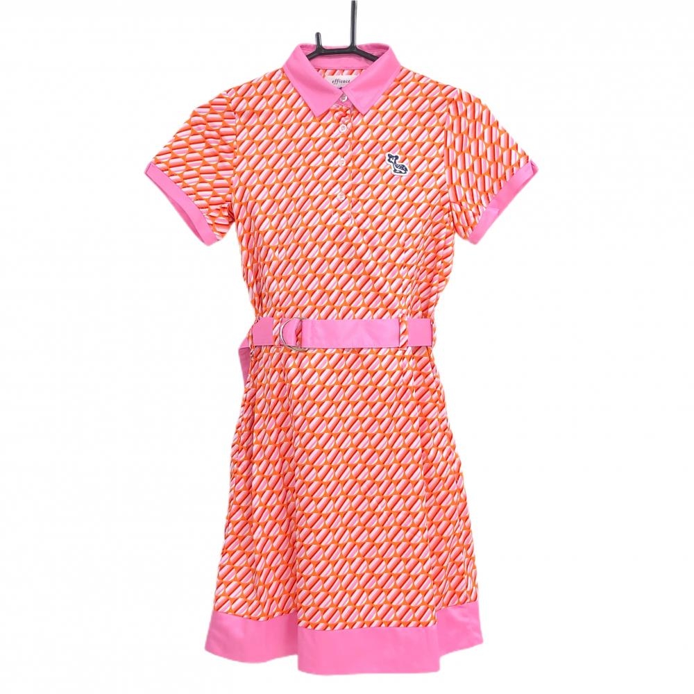 【超美品】エフィカス 半袖ポロワンピース オレンジ×ライトピンク×レッド 総柄  レディース 1(S) ゴルフウェア efficace