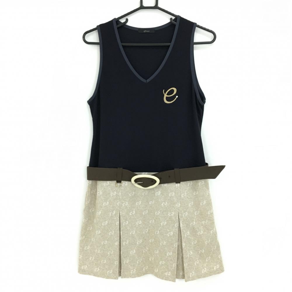 【超美品】エフィカス ノースリーブワンピース ネイビー×ベージュ スカートロゴ総柄 ベルト付 レディース 2(M) ゴルフウェア efficace