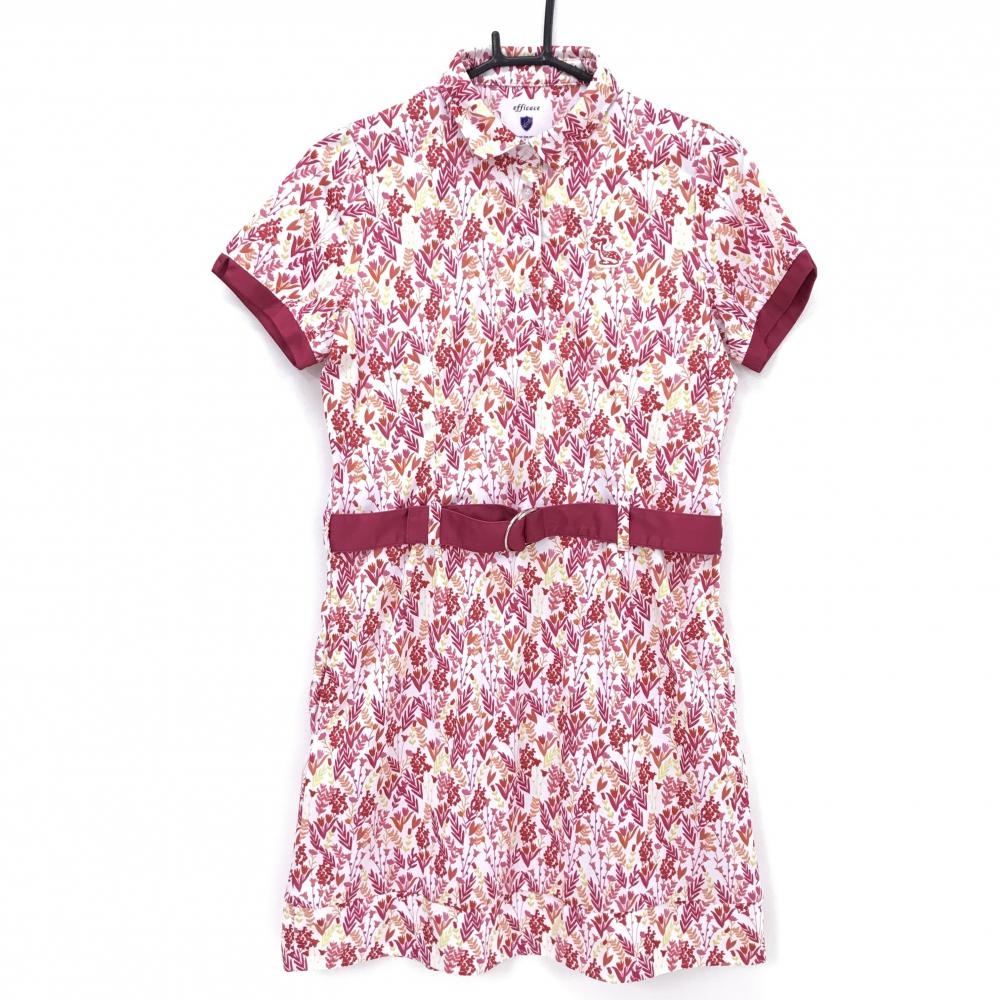 【美品】エフィカス 半袖ポロワンピース 白×レッドピンク 花柄 胸元ワッペン  レディース 3(L) ゴルフウェア efficace