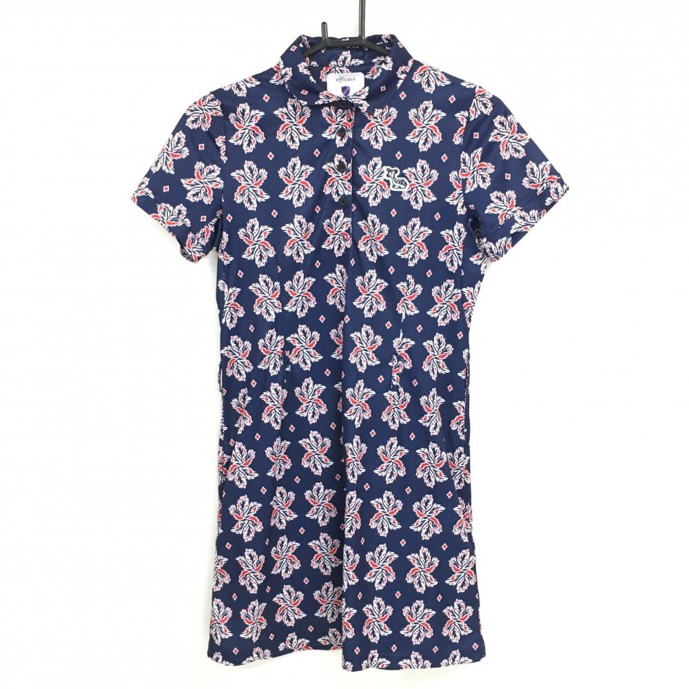 【美品】エフィカス 半袖ポロワンピース ネイビー×レッド 総柄  レディース 2(M) ゴルフウェア efficace