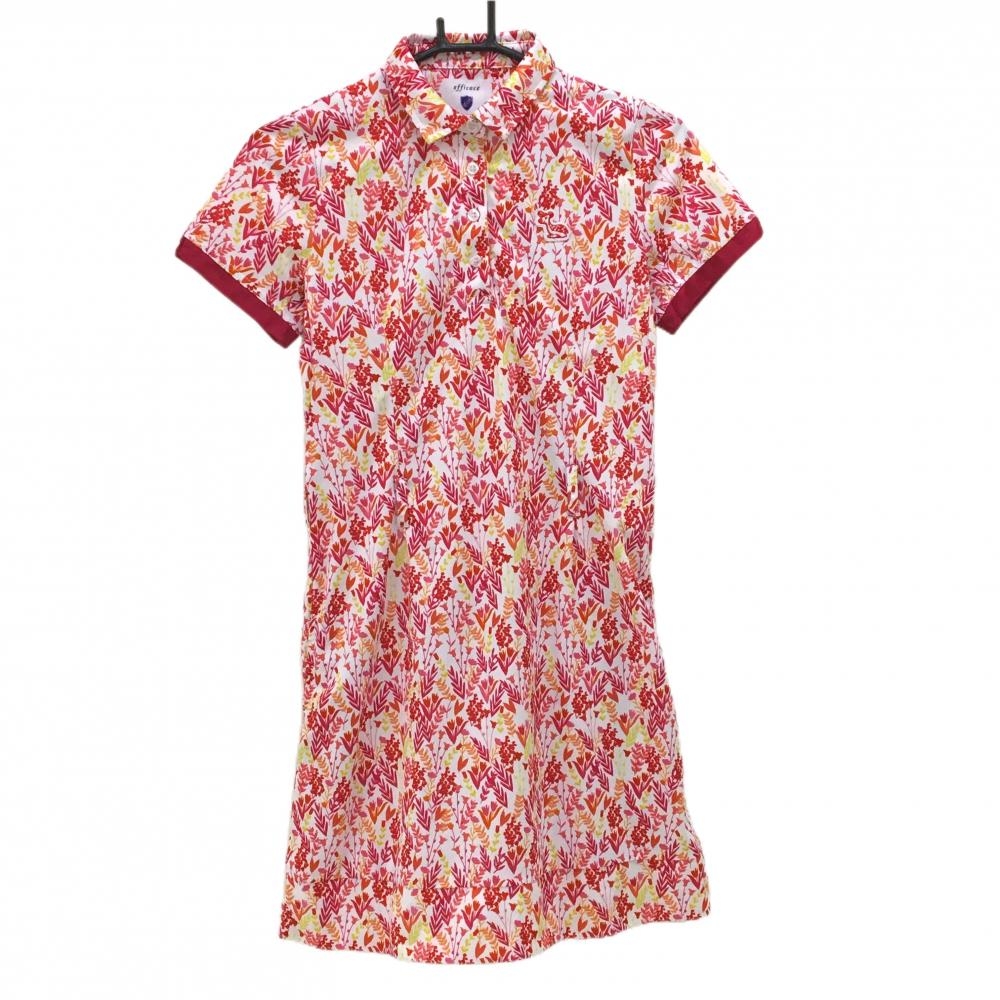 【超美品】エフィカス 半袖ポロワンピース 白×レッド 総柄 花柄 レディース 2(M) ゴルフウェア efficace